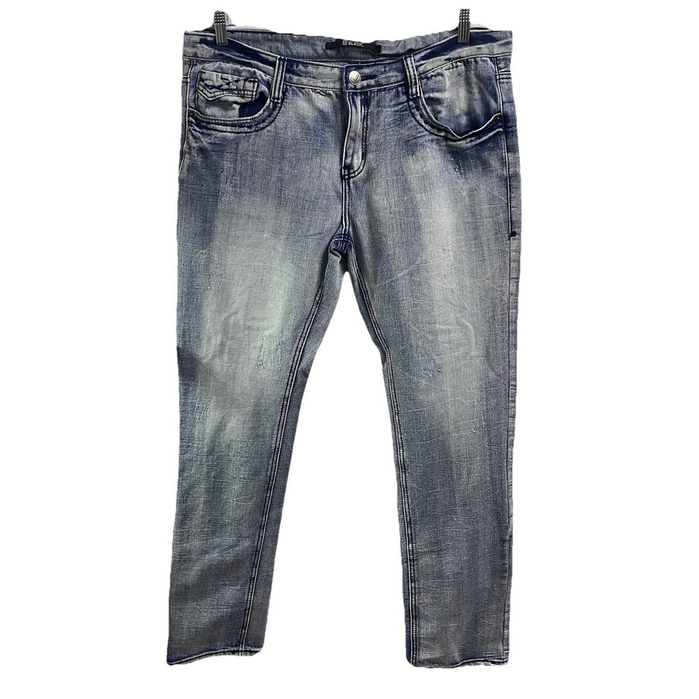 Black Premium Men's Blue Jeans Relaxed Straight Leg Mid Rise Whiskered 36x34